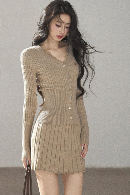 Oatmeal Knit Cardigan and Ribbed Skirt Set-Up