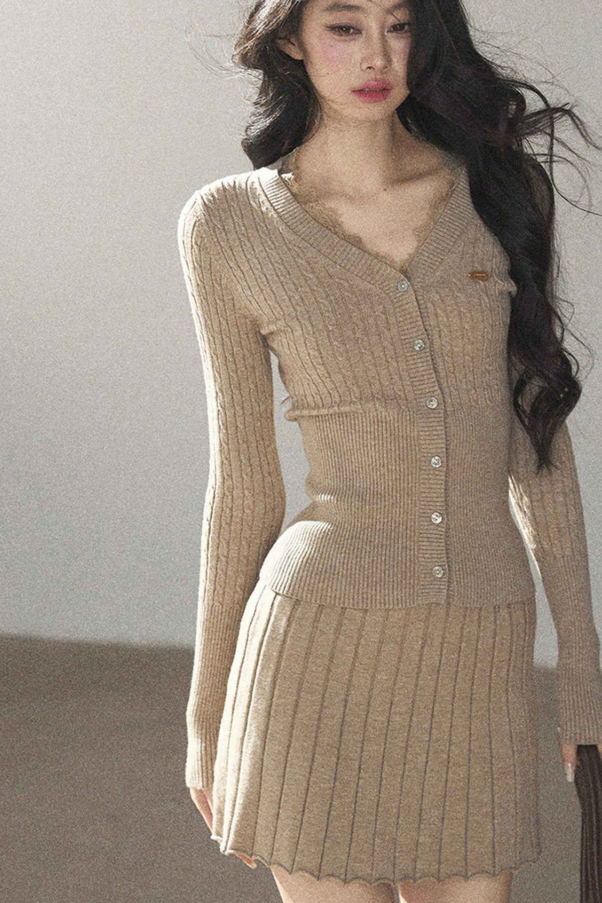 Oatmeal Knit Cardigan and Ribbed Skirt Set-Up