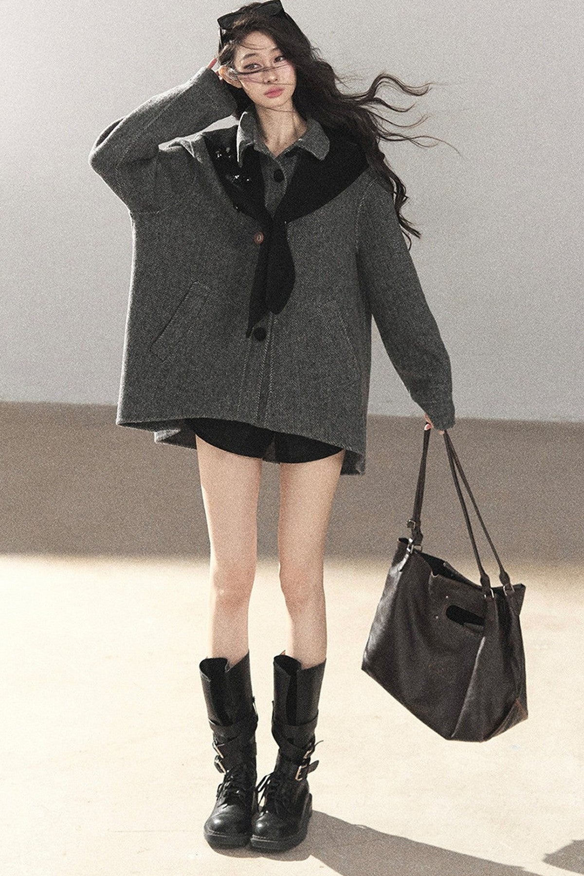 Double-Sided Herringbone Woolen Coat