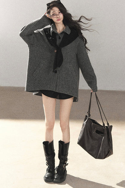 Double-Sided Herringbone Woolen Coat