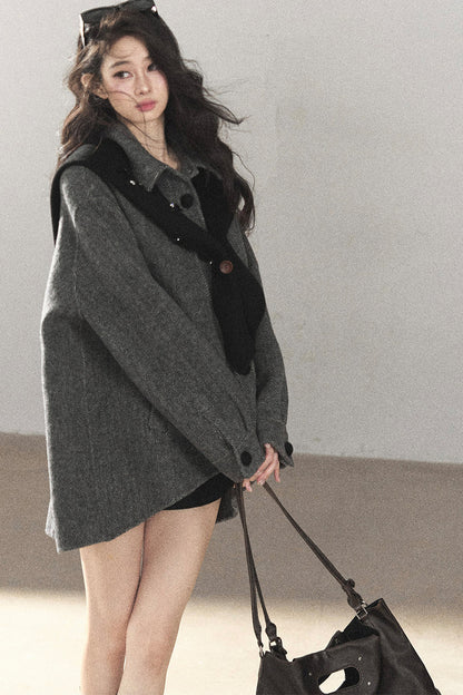 Double-Sided Herringbone Woolen Coat