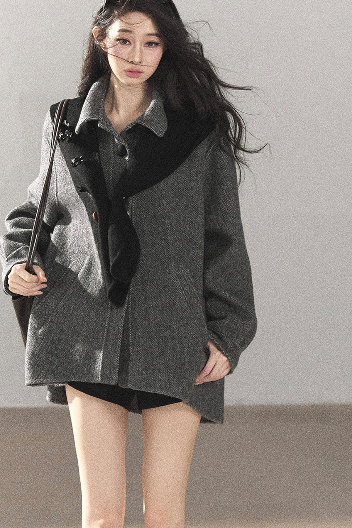 Double-Sided Herringbone Woolen Coat