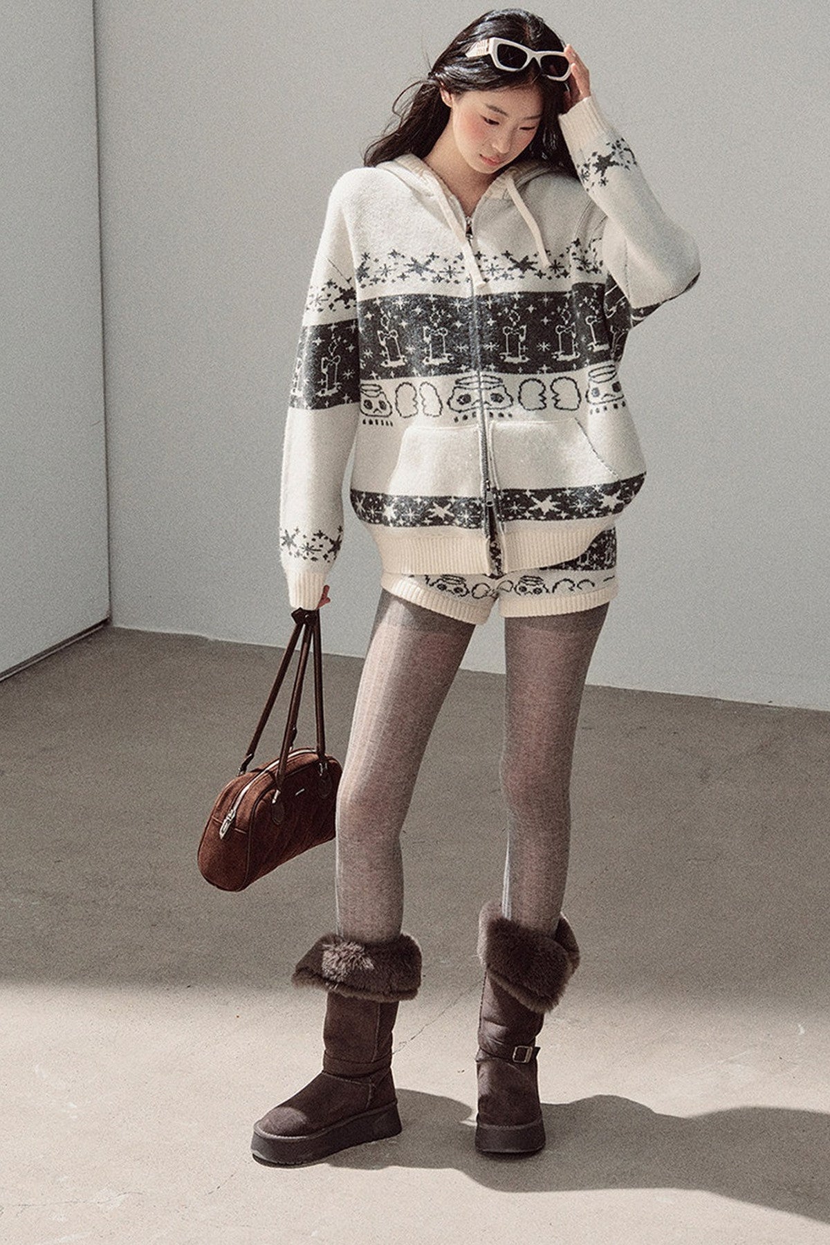 Fair Isle Jacquard Knit Jacket and Shorts Set-Up