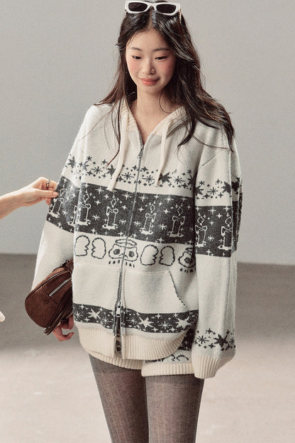 Fair Isle Jacquard Knit Jacket and Shorts Set-Up