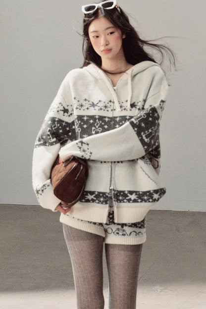 Fair Isle Jacquard Knit Jacket and Shorts Set-Up