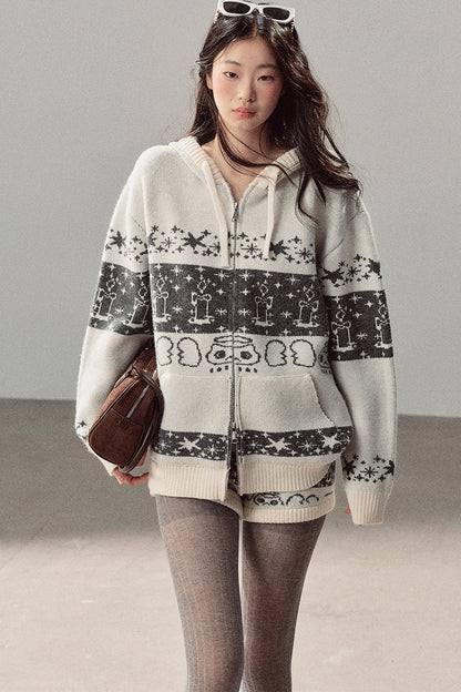 Fair Isle Jacquard Knit Jacket and Shorts Set-Up