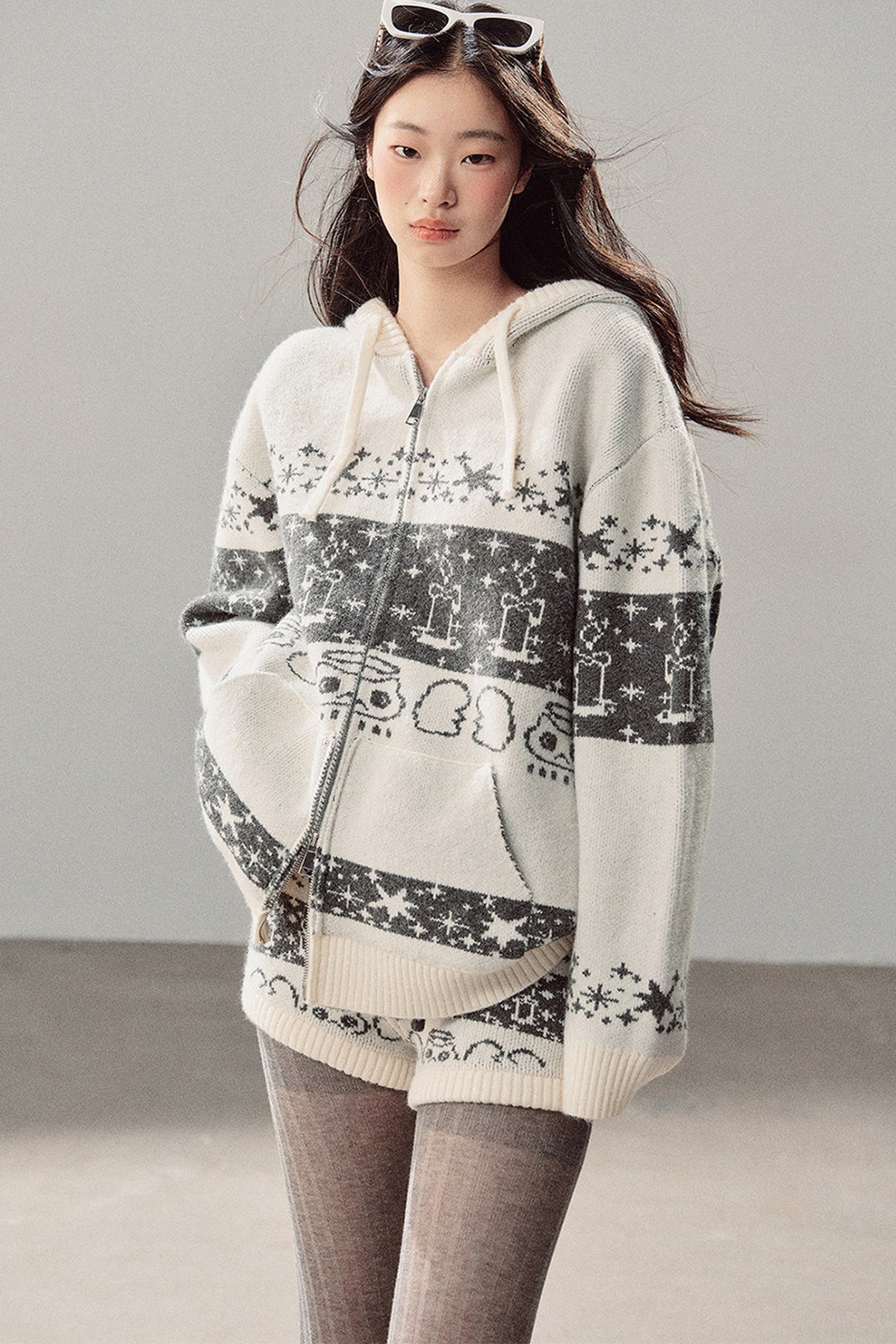 Fair Isle Jacquard Knit Jacket and Shorts Set-Up