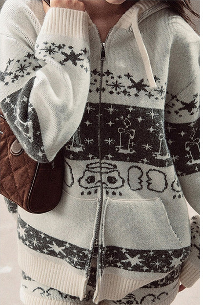 Fair Isle Jacquard Knit Jacket and Shorts Set-Up