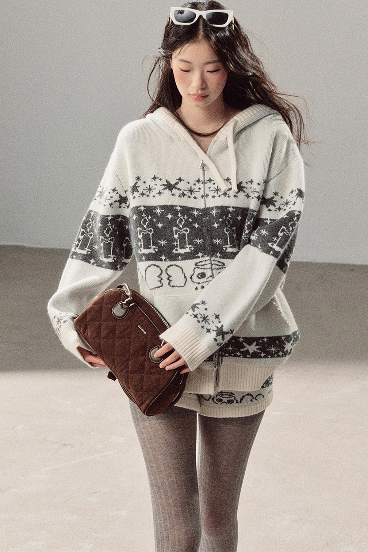 Fair Isle Jacquard Knit Jacket and Shorts Set-Up