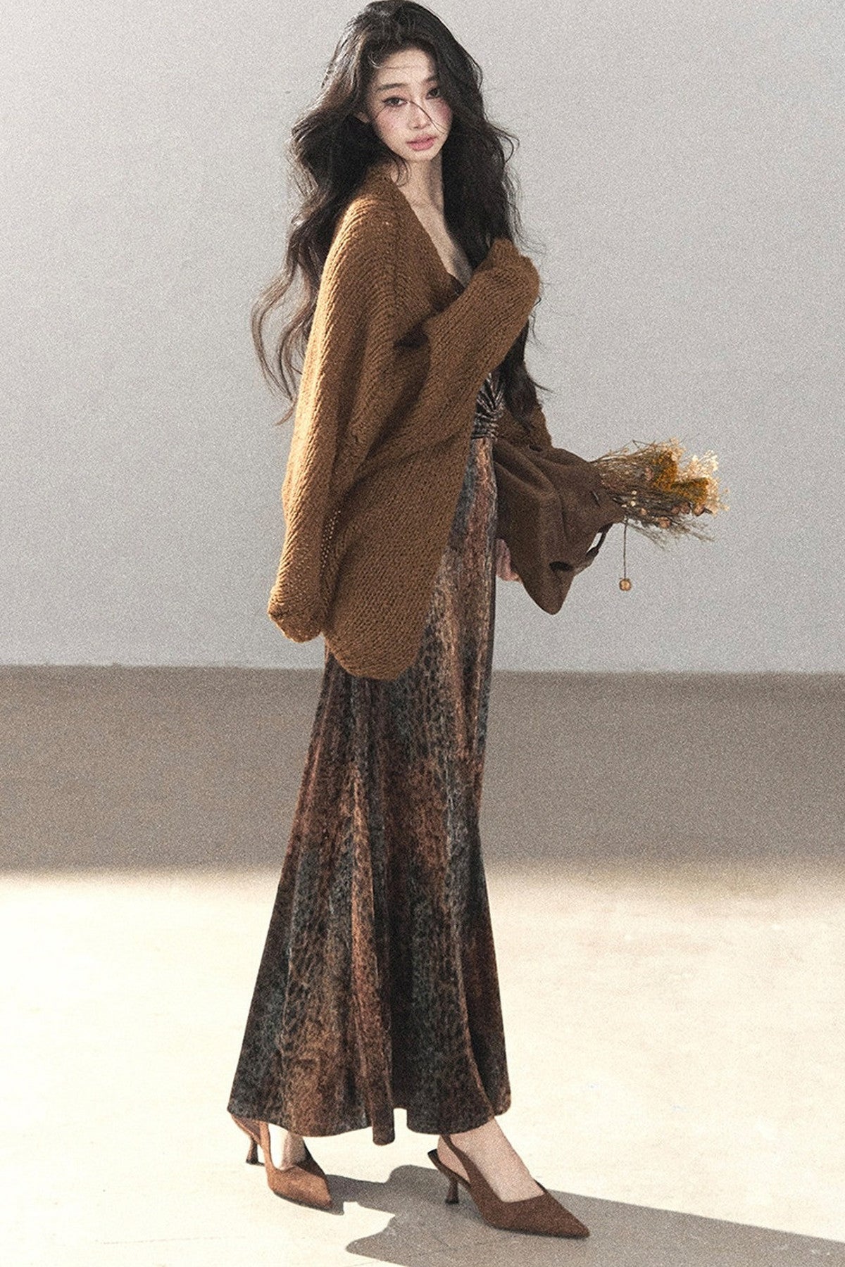 Leopard Print Velvet Strap Long Dress