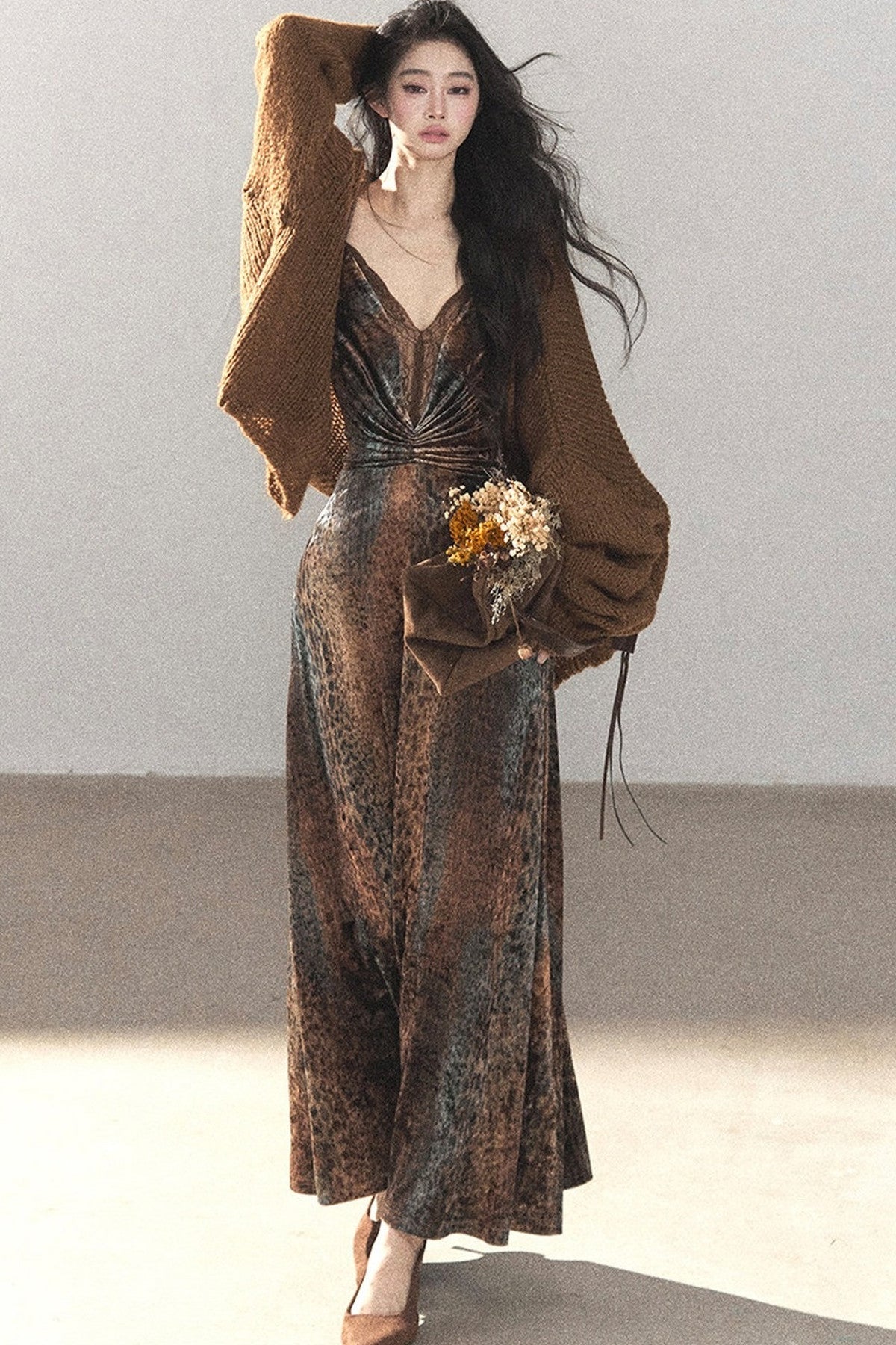 Leopard Print Velvet Strap Long Dress