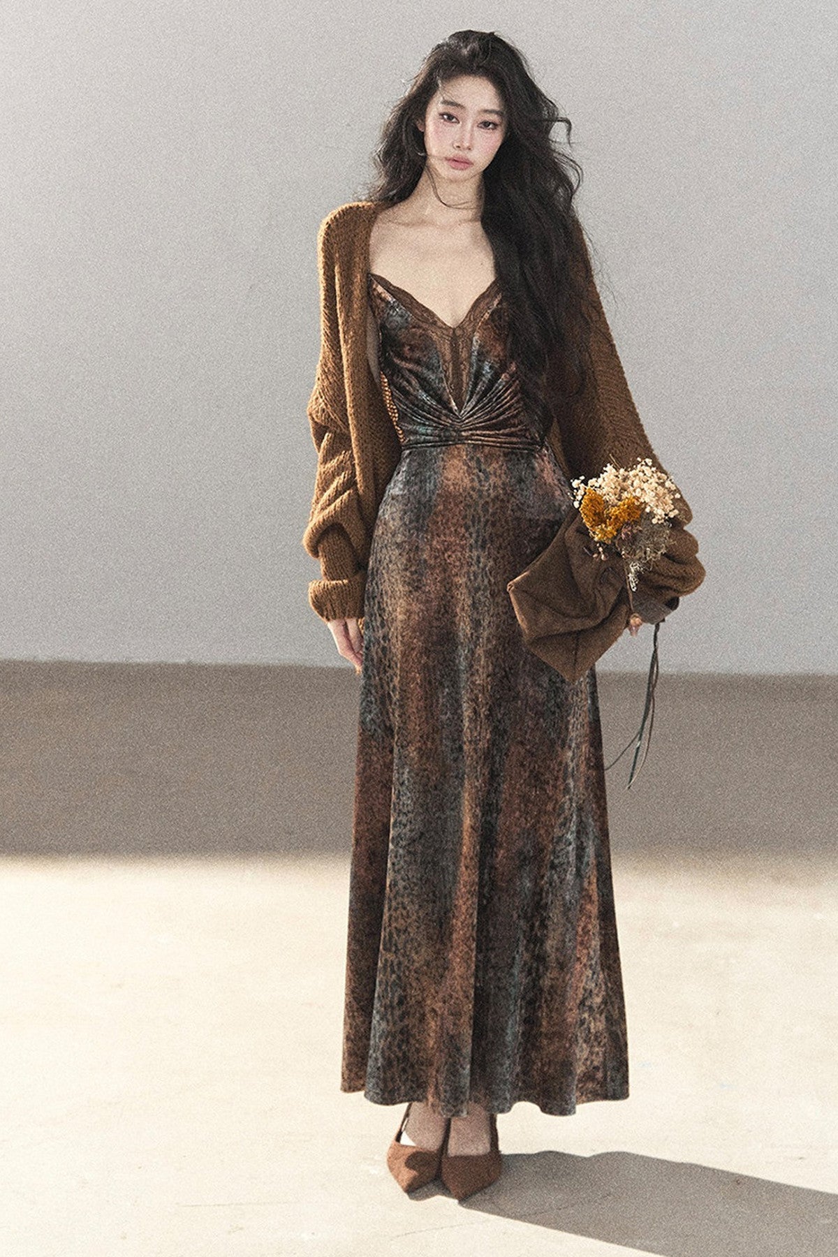 Leopard Print Velvet Strap Long Dress