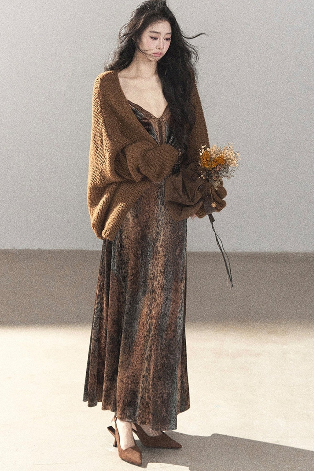 Leopard Print Velvet Strap Long Dress