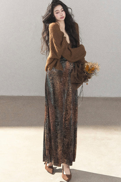 Leopard Print Velvet Strap Long Dress
