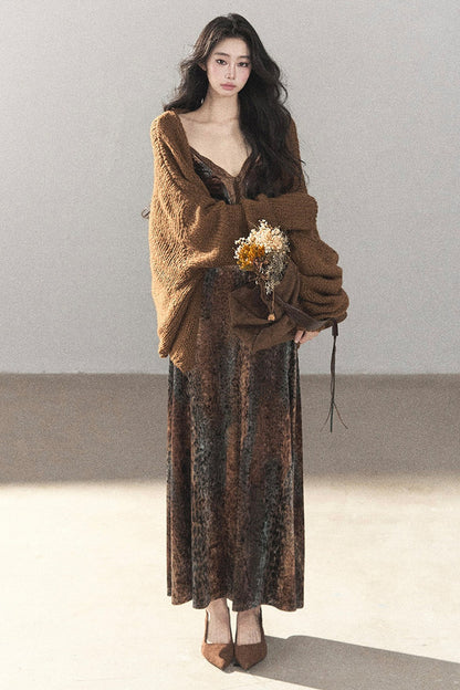 Leopard Print Velvet Strap Long Dress