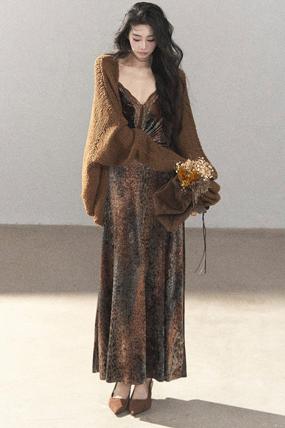 Leopard Print Velvet Strap Long Dress