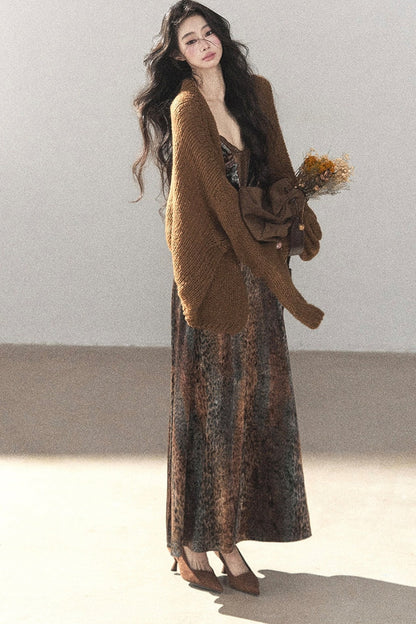 Leopard Print Velvet Strap Long Dress