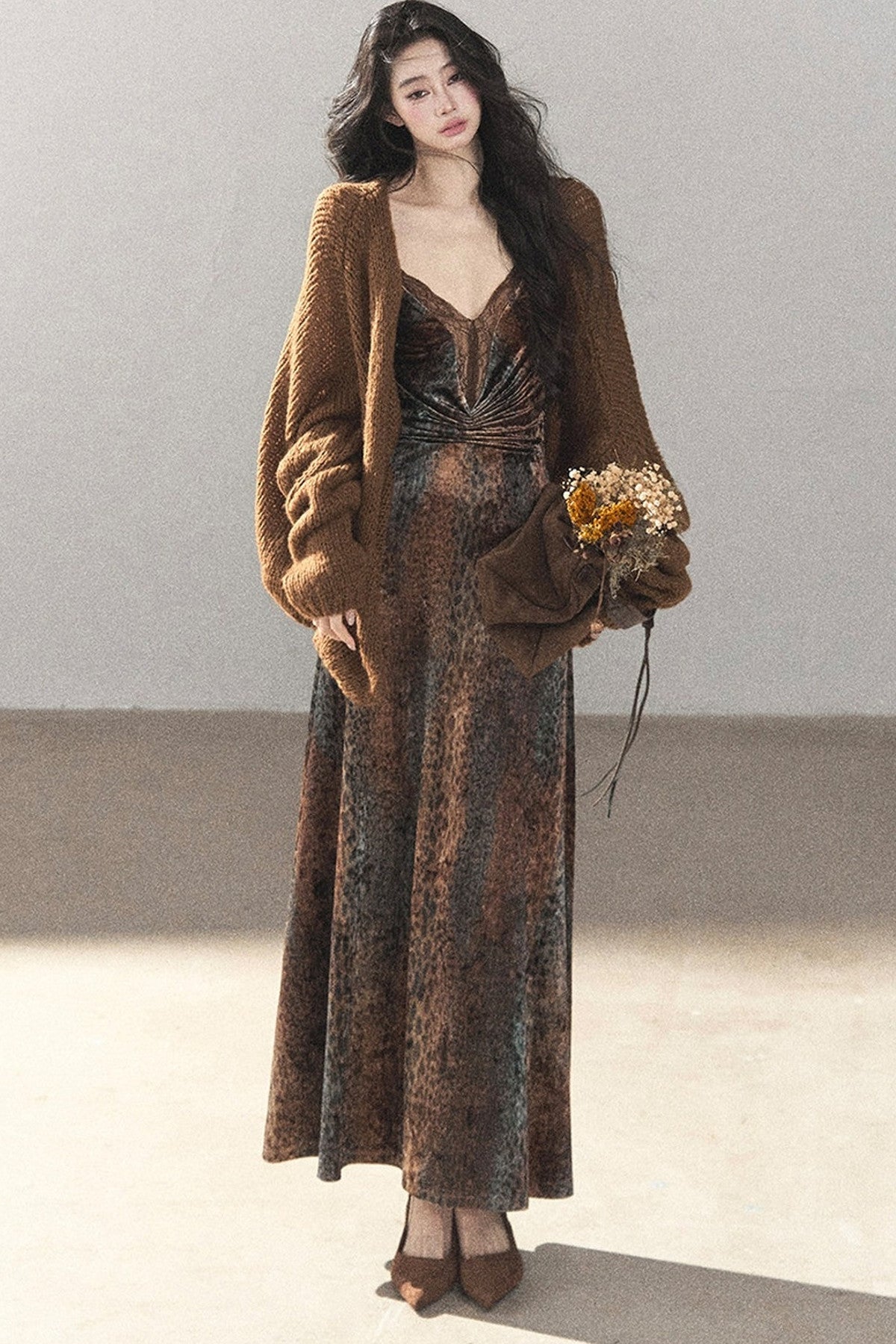 Leopard Print Velvet Strap Long Dress