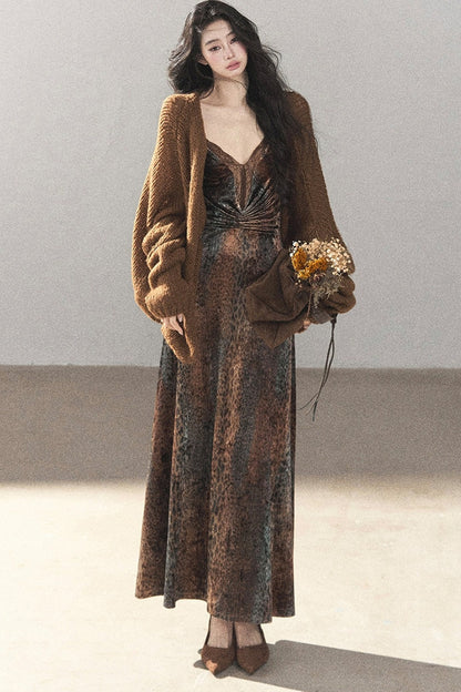 Leopard Print Velvet Strap Long Dress