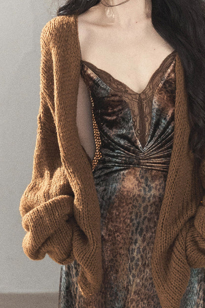 Leopard Print Velvet Strap Long Dress