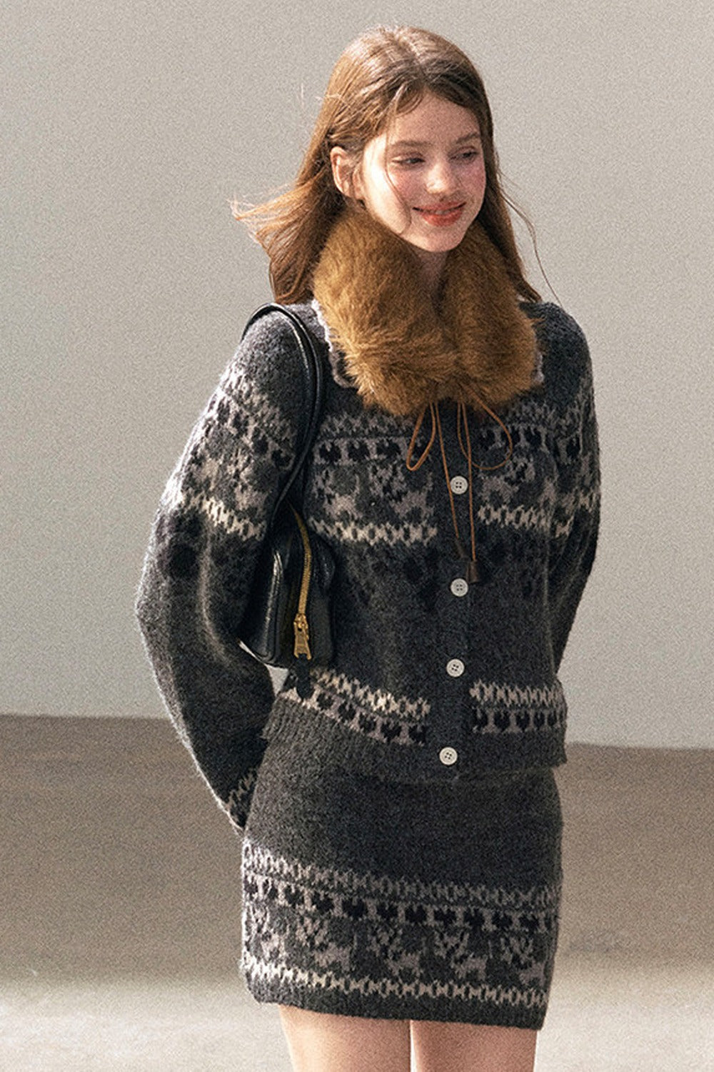 Fair Isle Knit Wool Cardigan and Skirt Set-Up