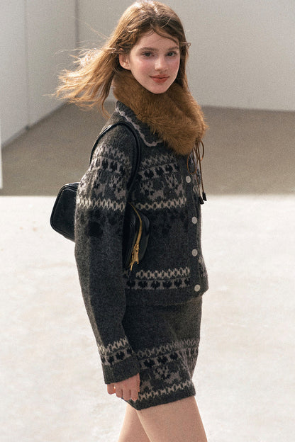 Fair Isle Knit Wool Cardigan and Skirt Set-Up