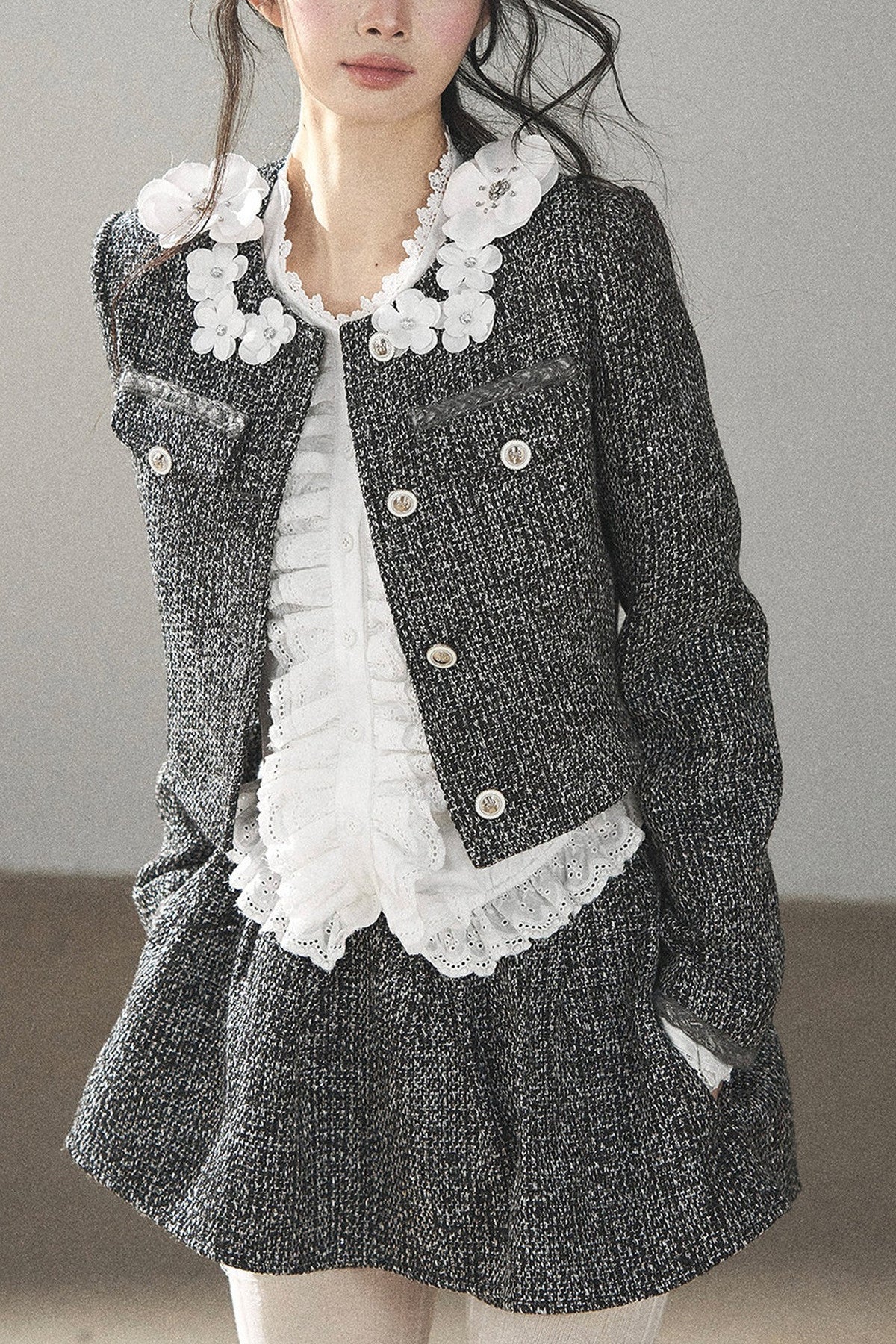 Black White Tweed Jacket With Skirt and Top Set-Up