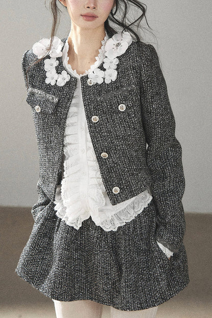 Black White Tweed Jacket With Skirt and Top Set-Up