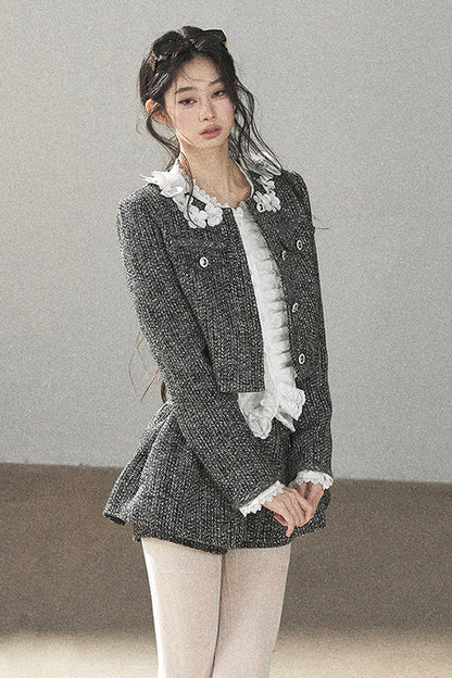 Black White Tweed Jacket With Skirt and Top Set-Up