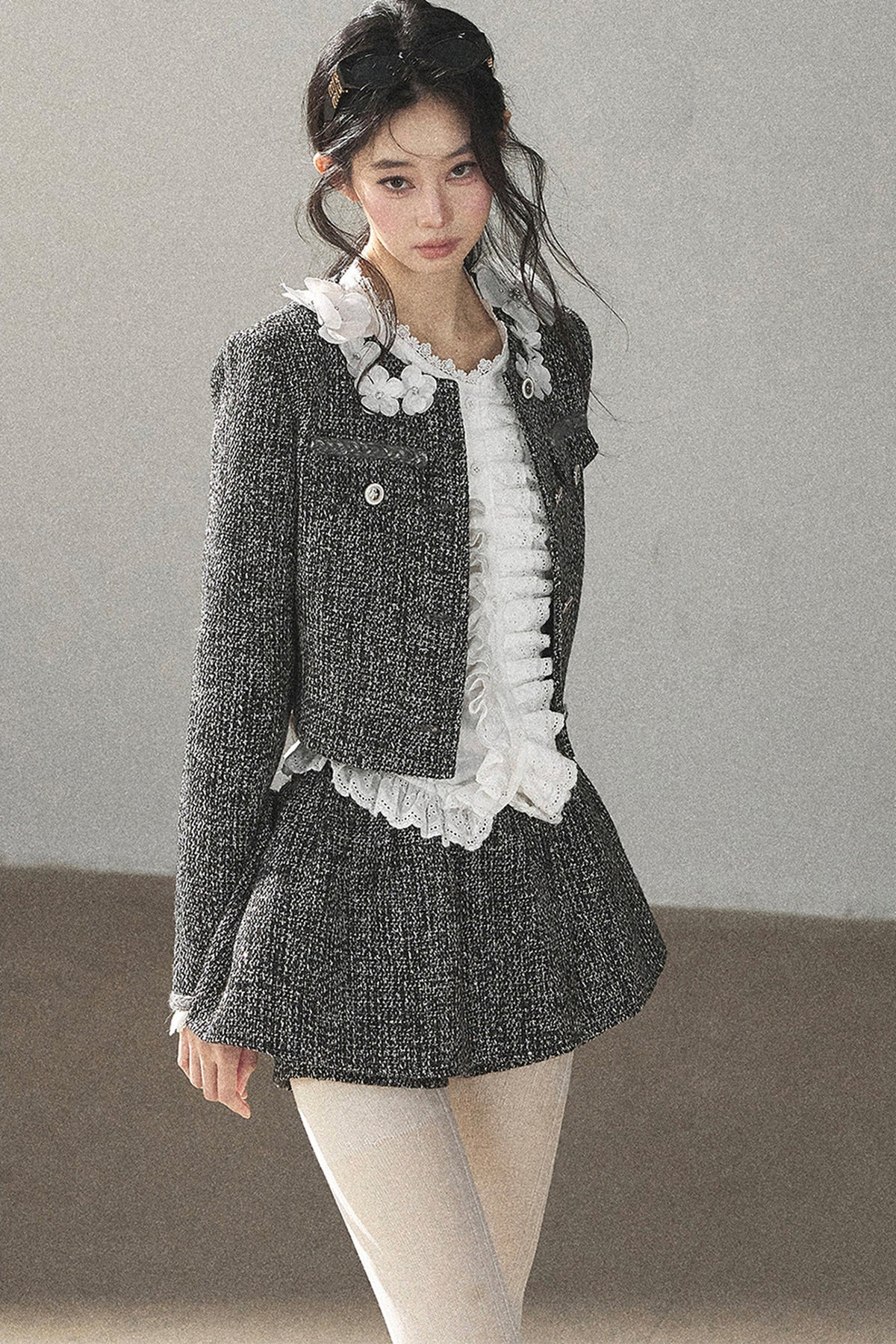 Black White Tweed Jacket With Skirt and Top Set-Up