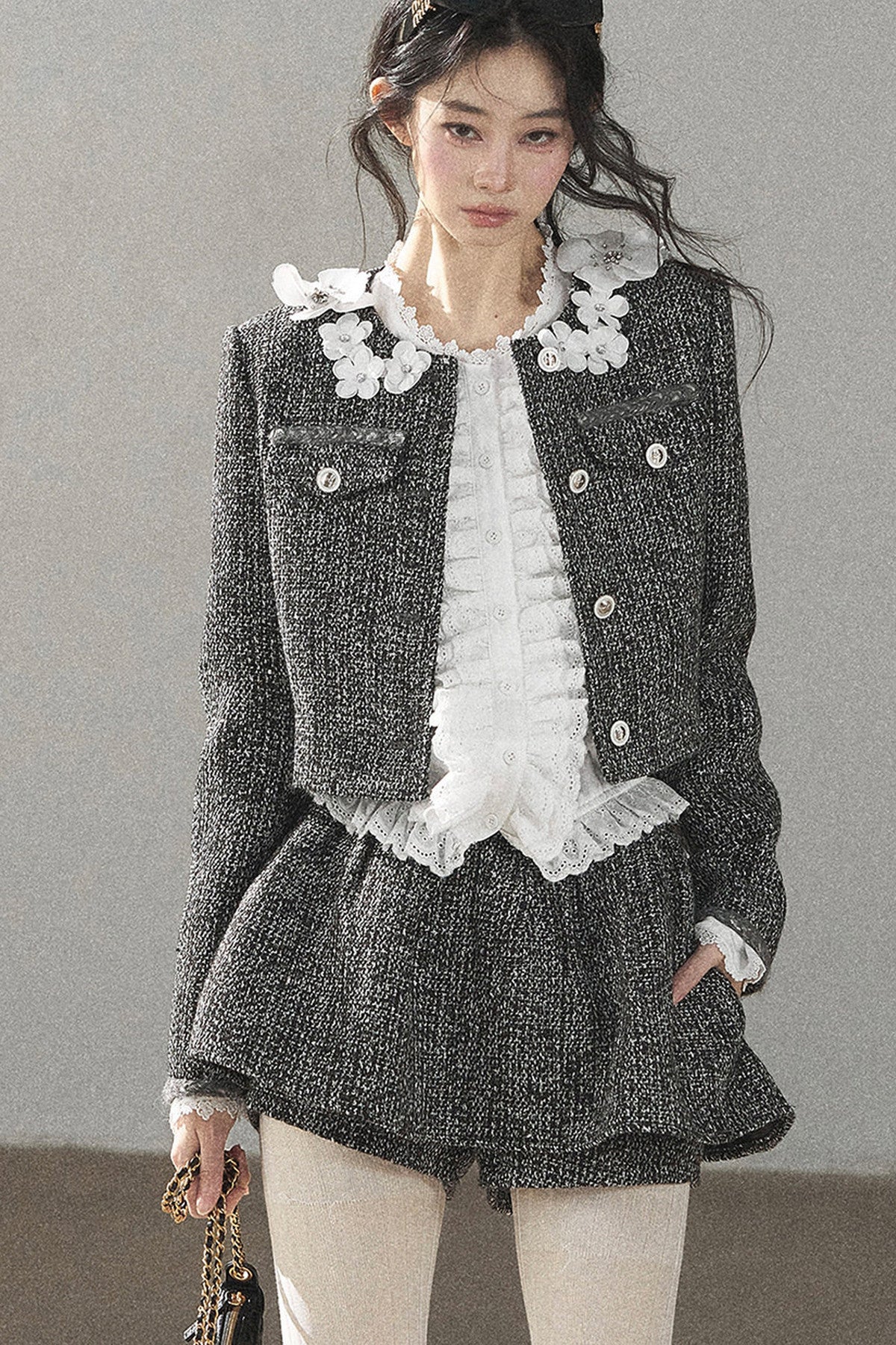 Black White Tweed Jacket With Skirt and Top Set-Up