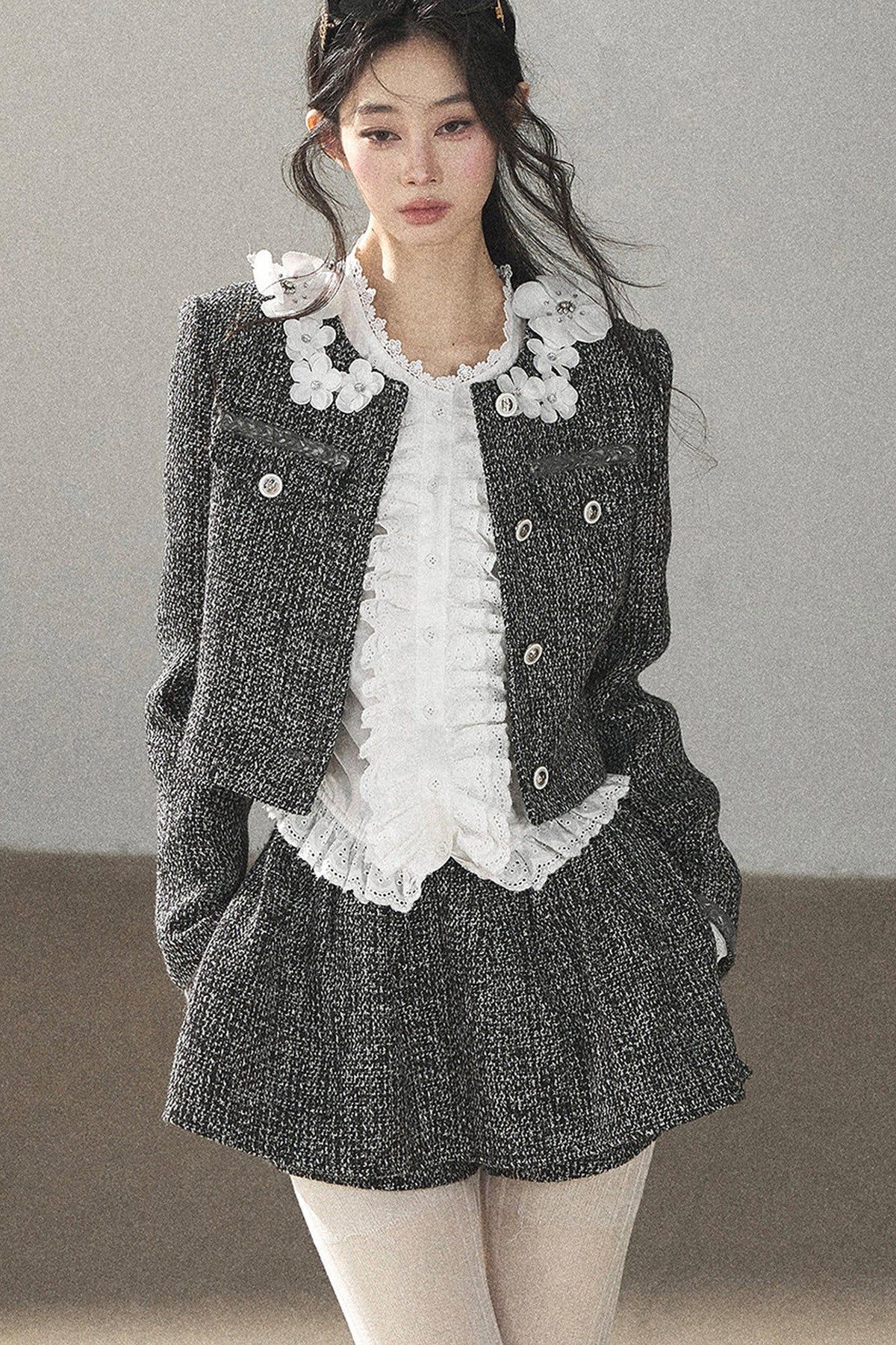 Black White Tweed Jacket With Skirt and Top Set-Up