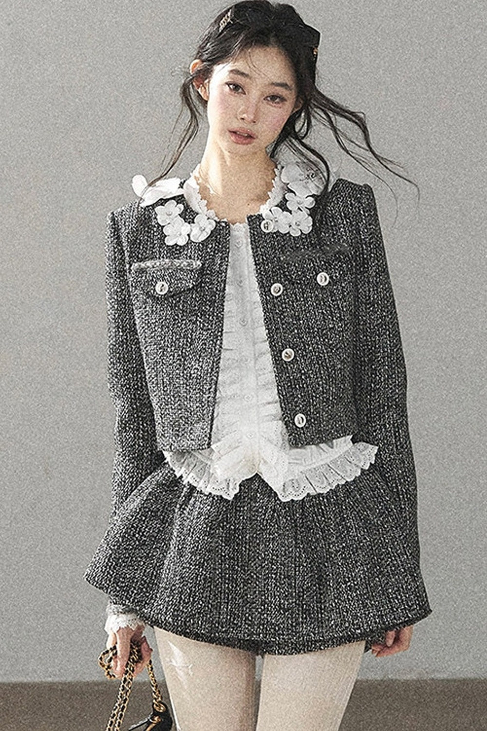 Black White Tweed Jacket With Skirt and Top Set-Up