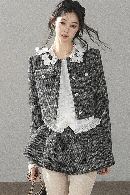 Black White Tweed Jacket With Skirt and Top Set-Up