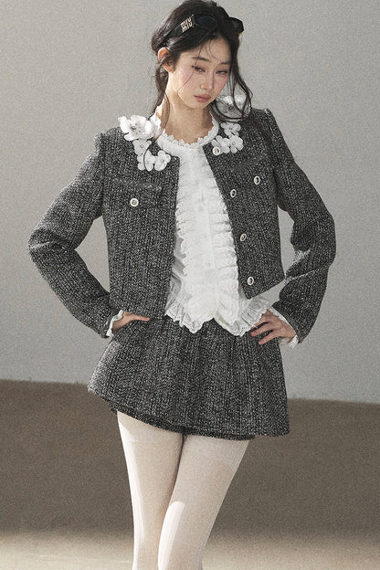 Black White Tweed Jacket With Skirt and Top Set-Up