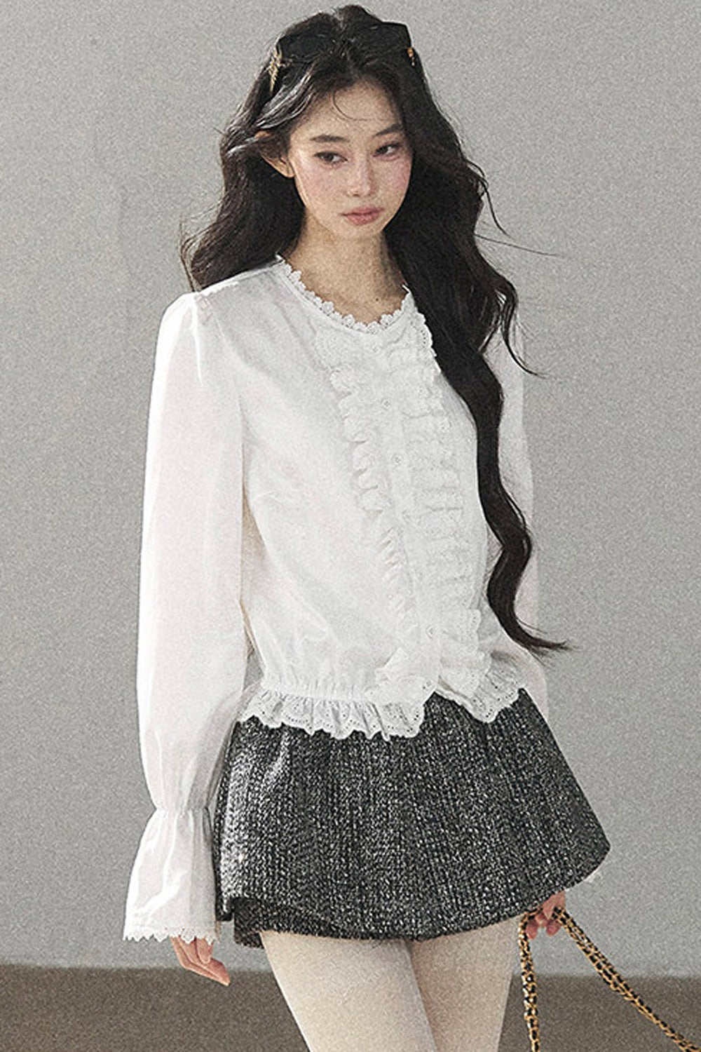 Black White Tweed Jacket With Skirt and Top Set-Up