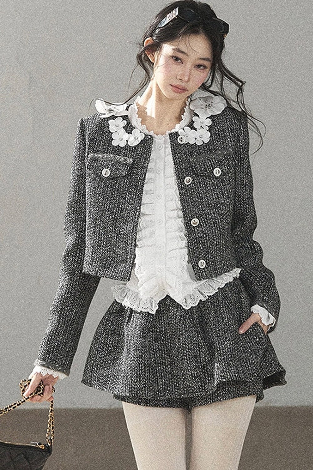 Black White Tweed Jacket With Skirt and Top Set-Up