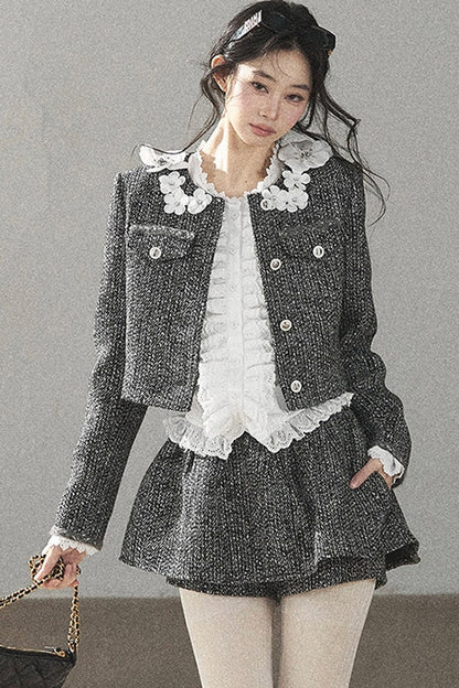 Black White Tweed Jacket With Skirt and Top Set-Up