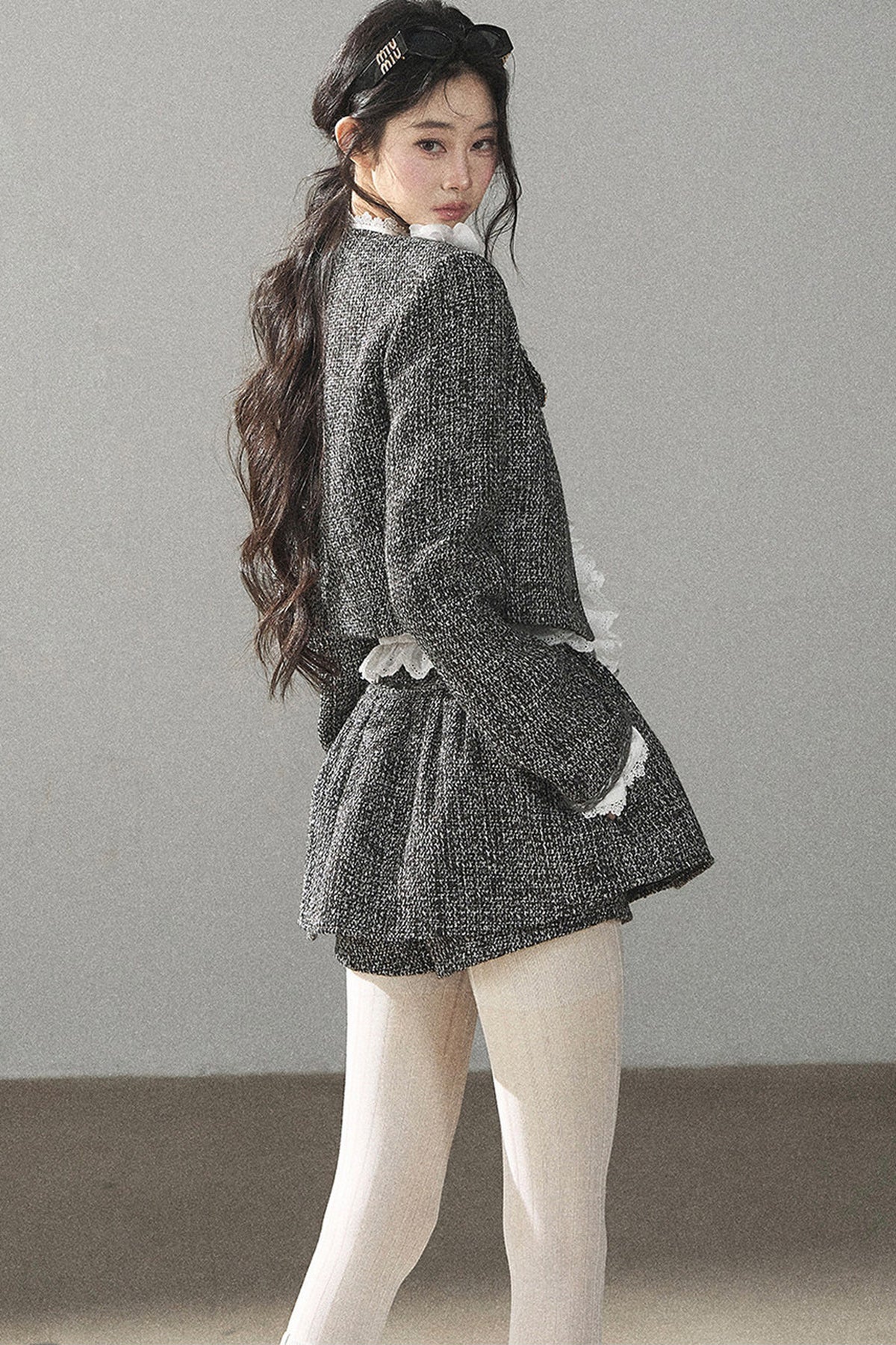 Black White Tweed Jacket With Skirt and Top Set-Up