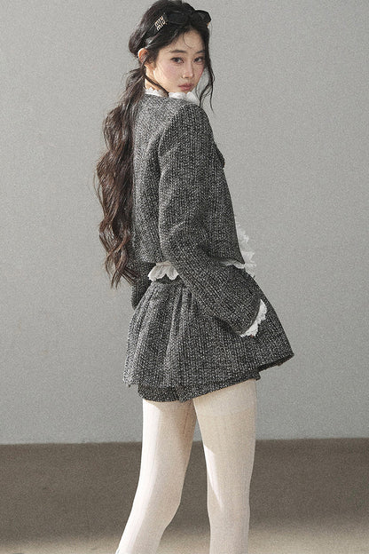 Black White Tweed Jacket With Skirt and Top Set-Up