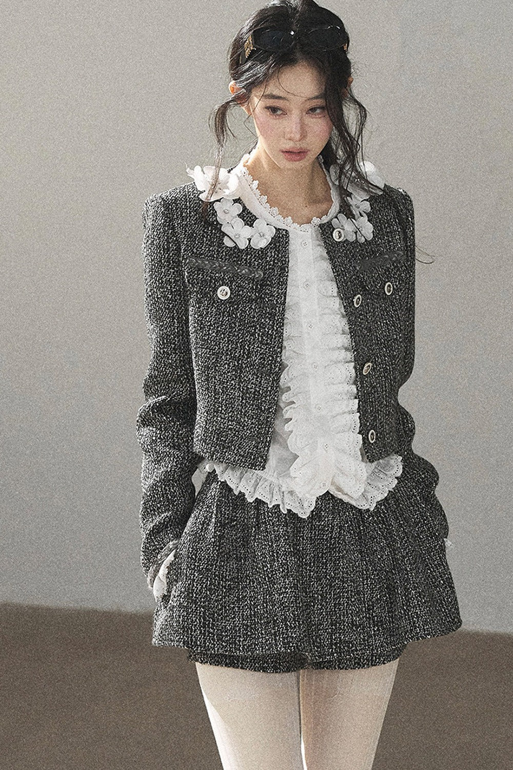 Black White Tweed Jacket With Skirt and Top Set-Up