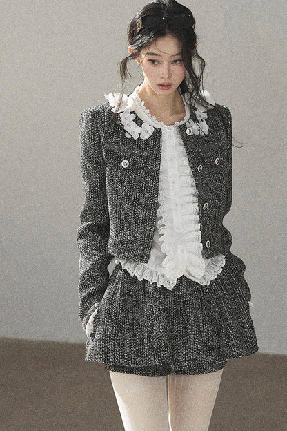 Black White Tweed Jacket With Skirt and Top Set-Up