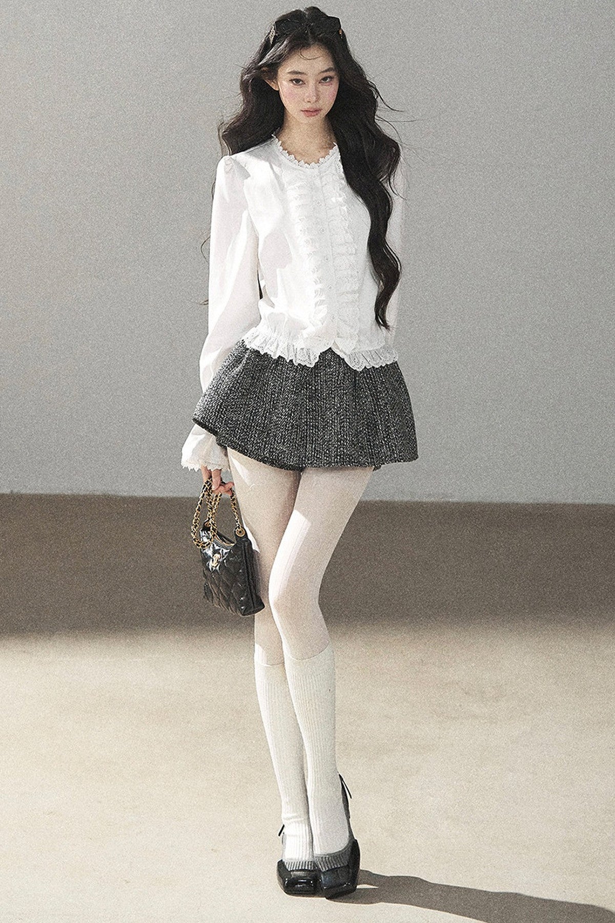 Black White Tweed Jacket With Skirt and Top Set-Up