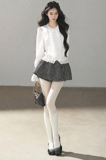 Black White Tweed Jacket With Skirt and Top Set-Up