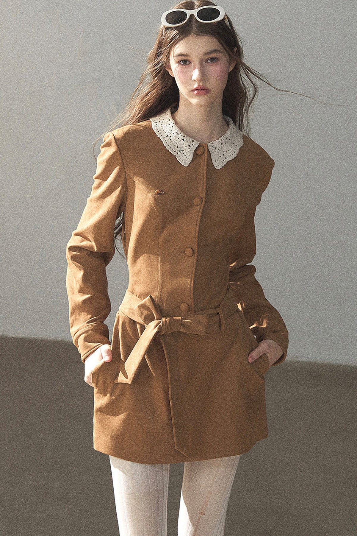 Faux Suede Lace Collar Short Dress