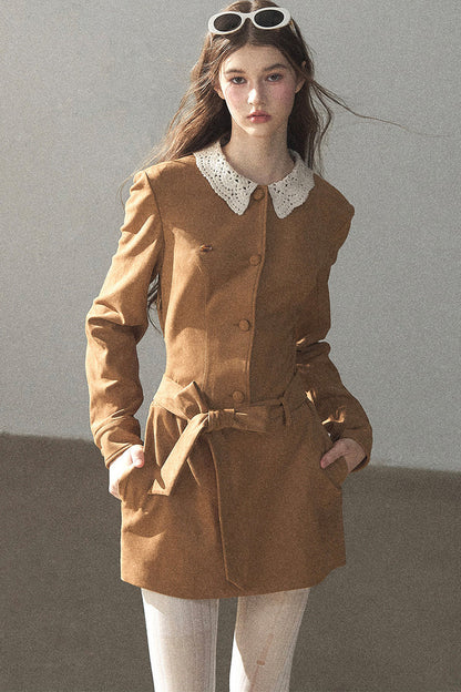 Faux Suede Lace Collar Short Dress