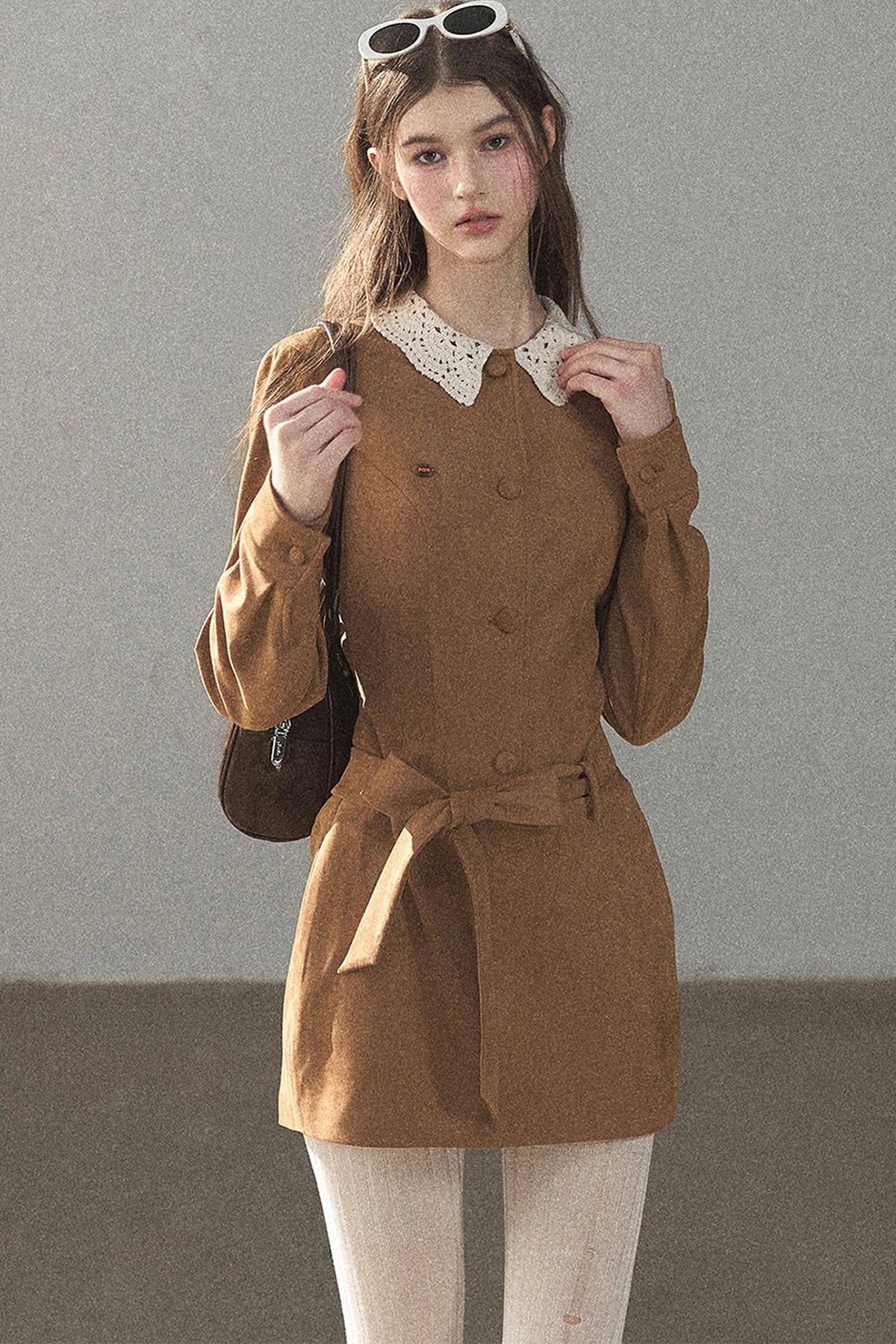 Faux Suede Lace Collar Short Dress