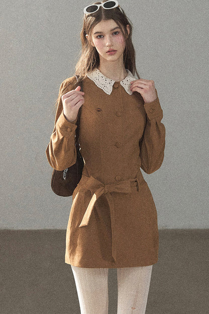 Faux Suede Lace Collar Short Dress