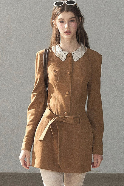 Faux Suede Lace Collar Short Dress