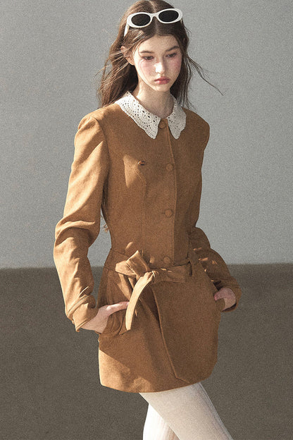 Faux Suede Lace Collar Short Dress